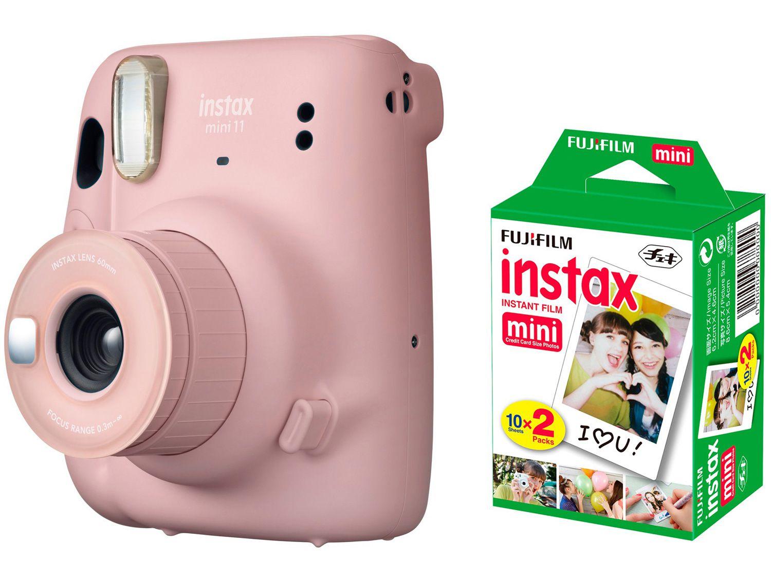 Instax Mini 11 Fujifilm Rosa Flash - Automático + Filme Instantâneo Fujifilm 20 Poses