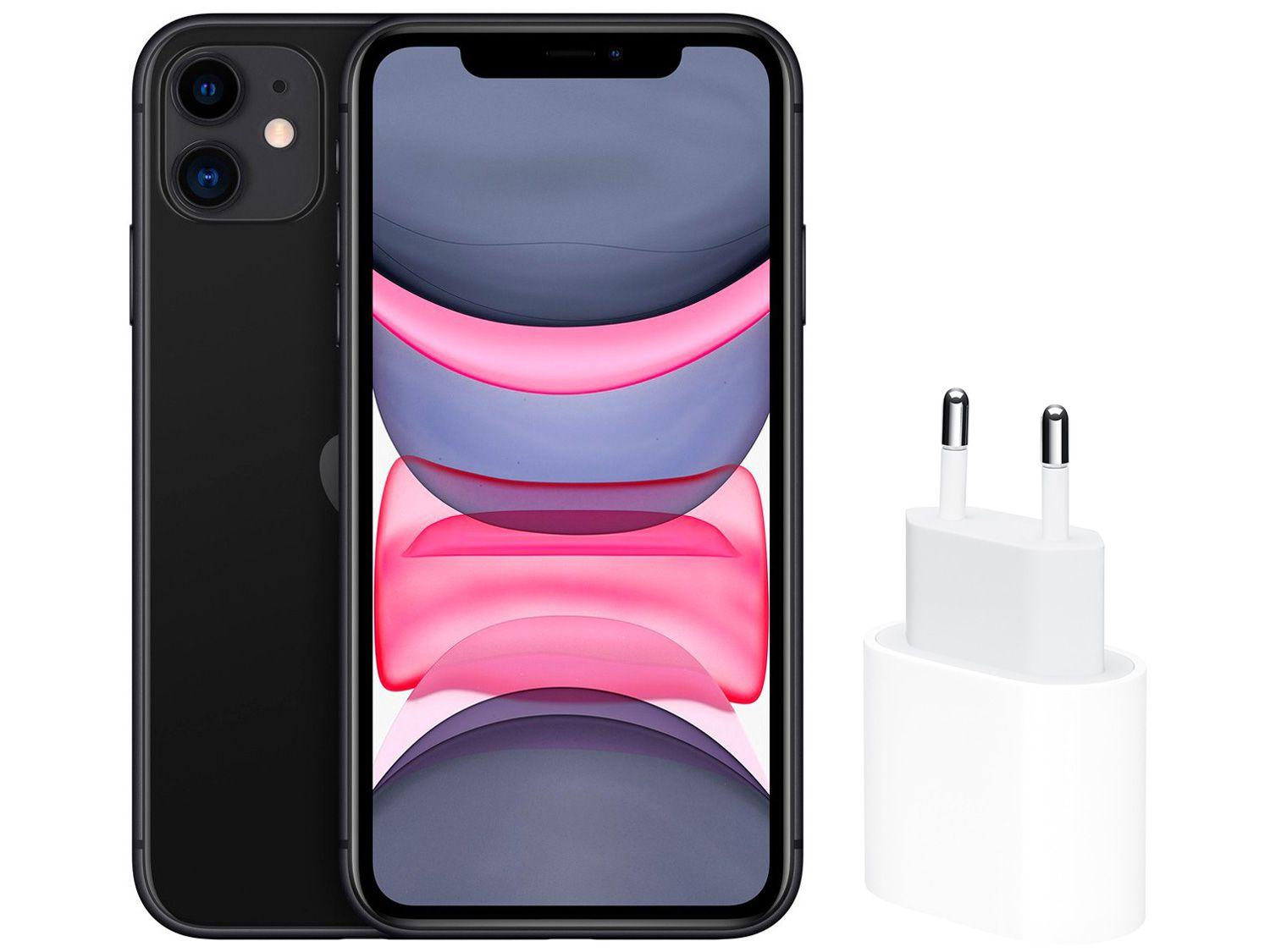 iPhone 11 Apple 64GB Preto 6,1" 12MP - iOS + Carregador USB-C de 20W Apple Branco