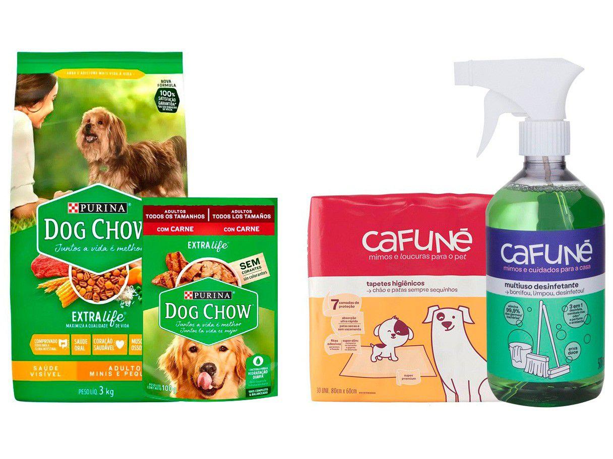 Ração de Cachorro + Ração Úmida Dog Chow + Tapete - Higiênico 30 Unidades + Desinfetante Cafuné