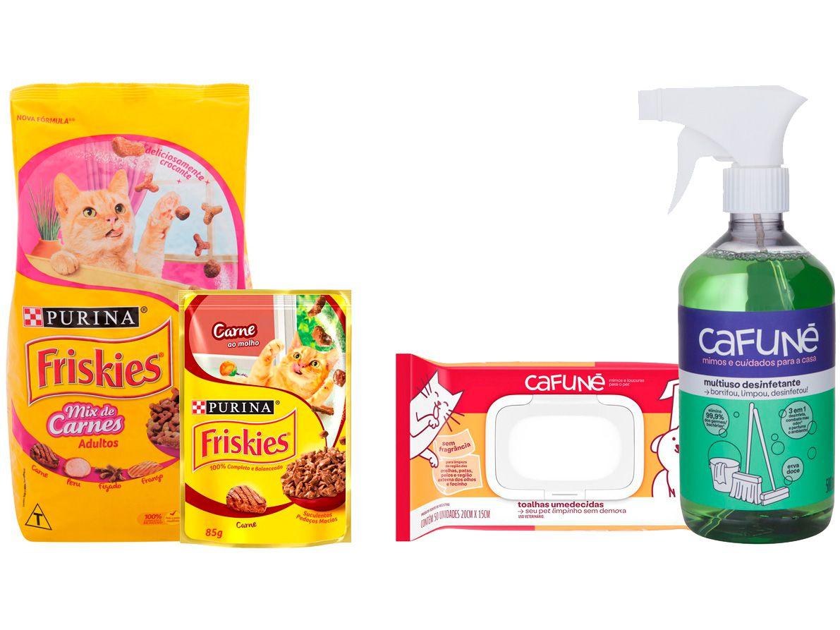 Ração de Gato + Ração Úmida Friskies + Lenço - Umedecido 50 Unidades + Desinfetante Cafuné