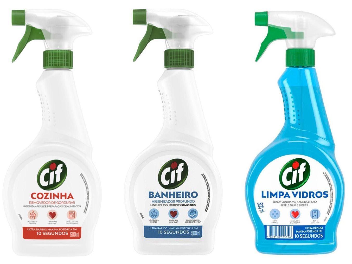 Limpador para Banheiro Cif 500ml + Limpa Vidro - Cif 500ml + Desengordurante Cif 500ml