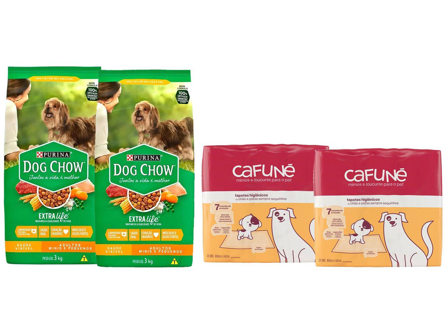 Kit Ração de Cachorro Dog Chow 3kg 2 Unidades - + Tapete Higiênico Cafuné 60 Unidades Cafuné