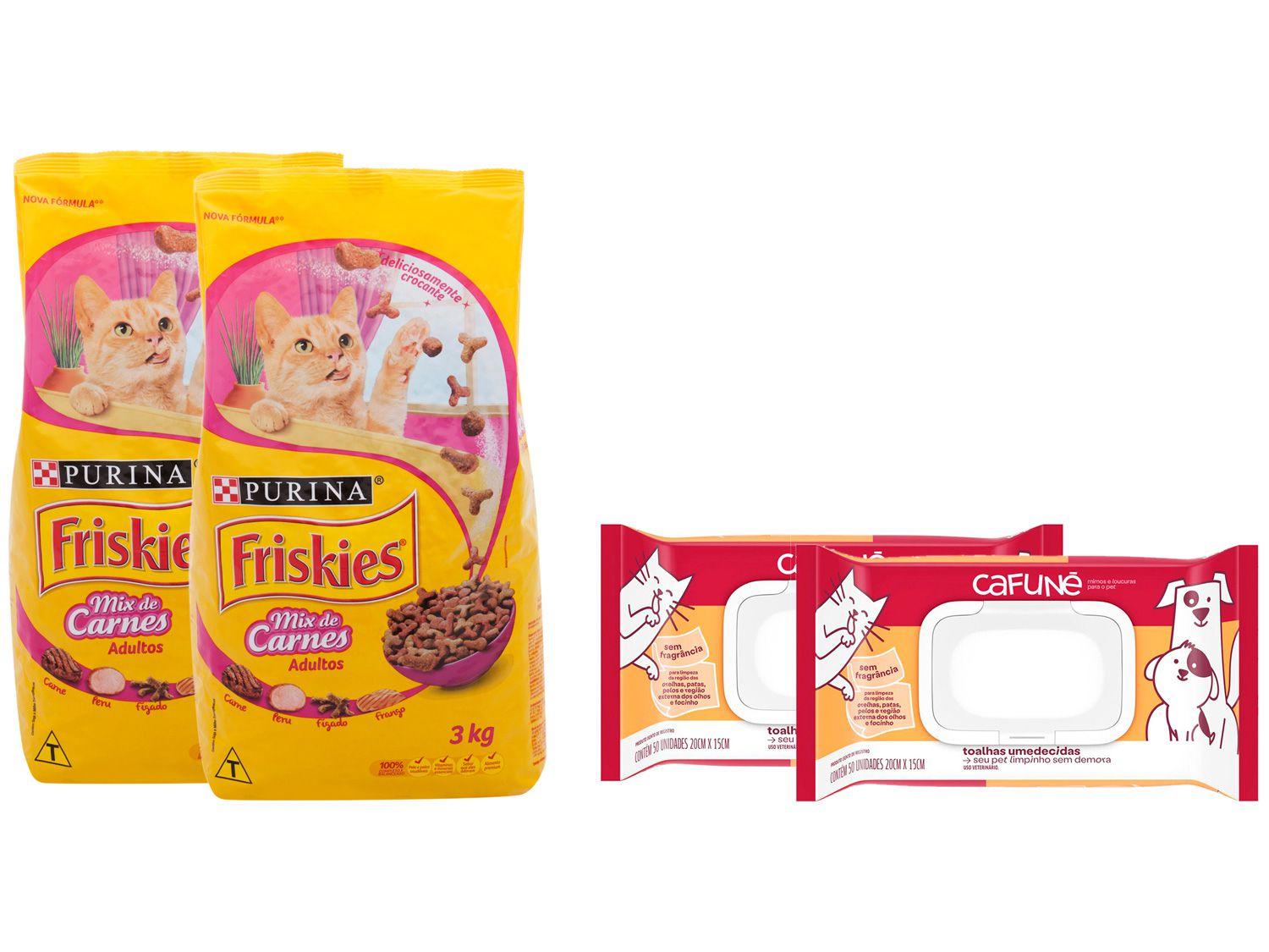 Kit Ração de Gato Friskies Carnes 3kg 2 Unidades - + Lenço Umedecido Cafuné 100 Unidades Cafuné