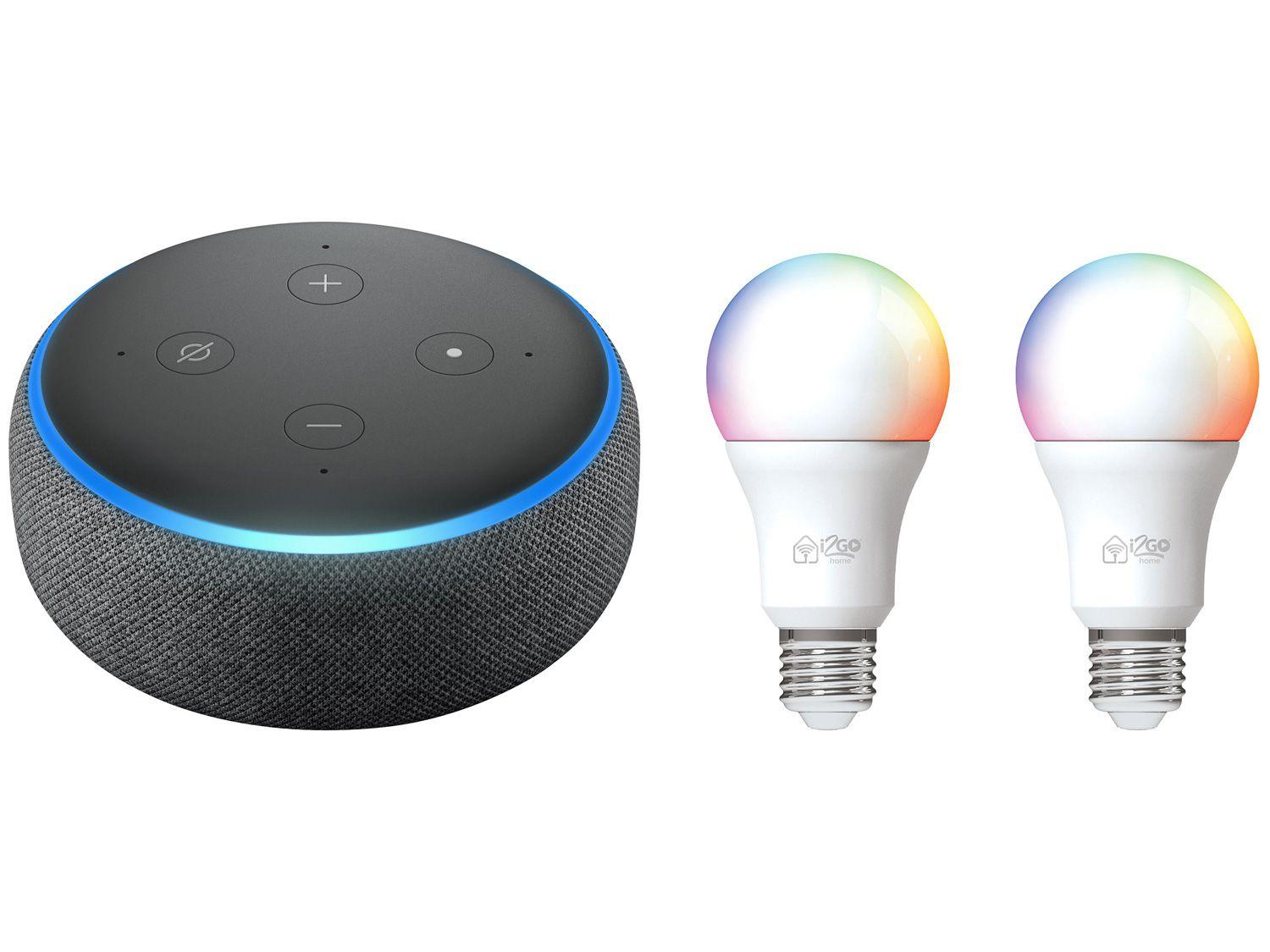 Echo Dot 3ª Geração Smart Speaker com Alexa - Amazon + 2 Lâmpadas Inteligentes I2GO Wi-Fi 10W