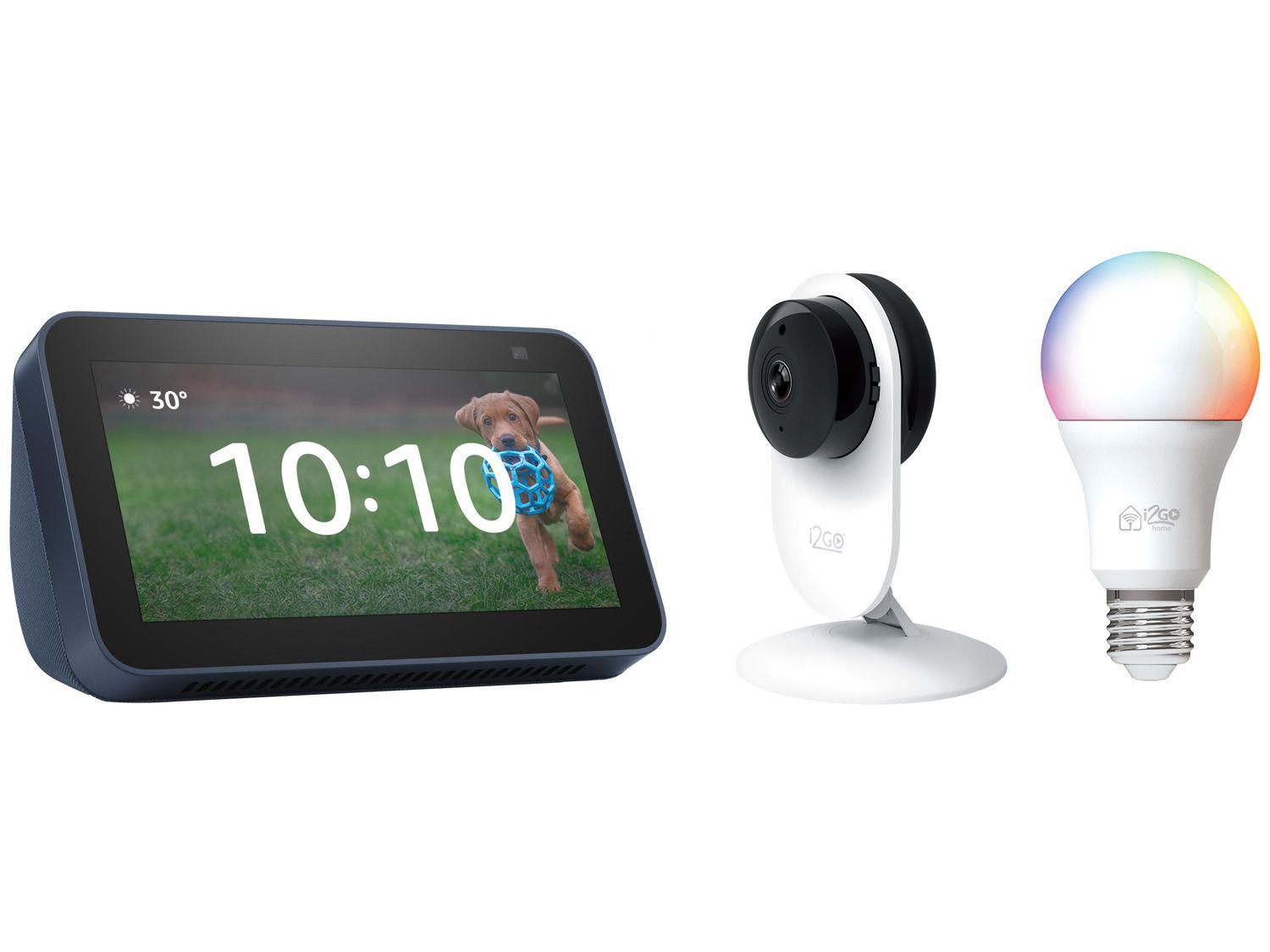 Echo Show 5 Smart Speaker com Alexa + Câmera de - Segurança I2GO HD + Lâmpada Inteligente I2GO 10W