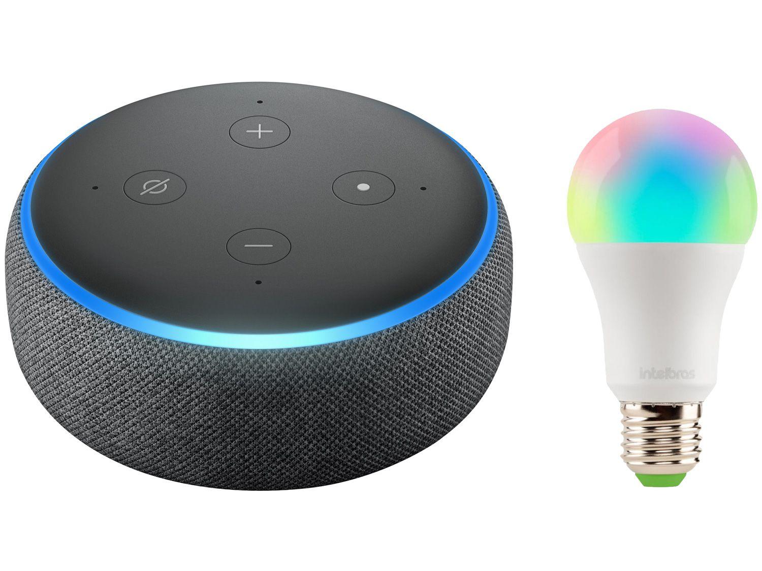 Echo Dot 3ª Geração Smart Speaker com Alexa - Amazon + Lâmpada Inteligente Intelbras RGB 10W