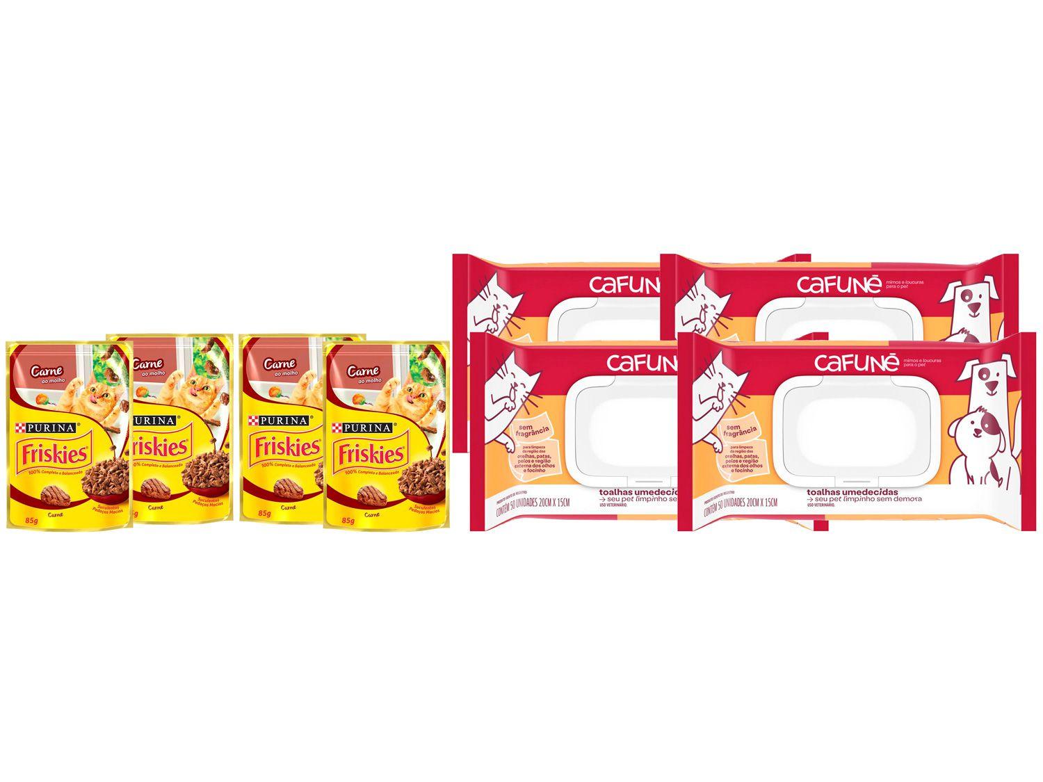 Kit Ração Úmida de Gato Friskies 85g 4 Unidades + - Lenço Umedecido 200 Unidades Cafuné