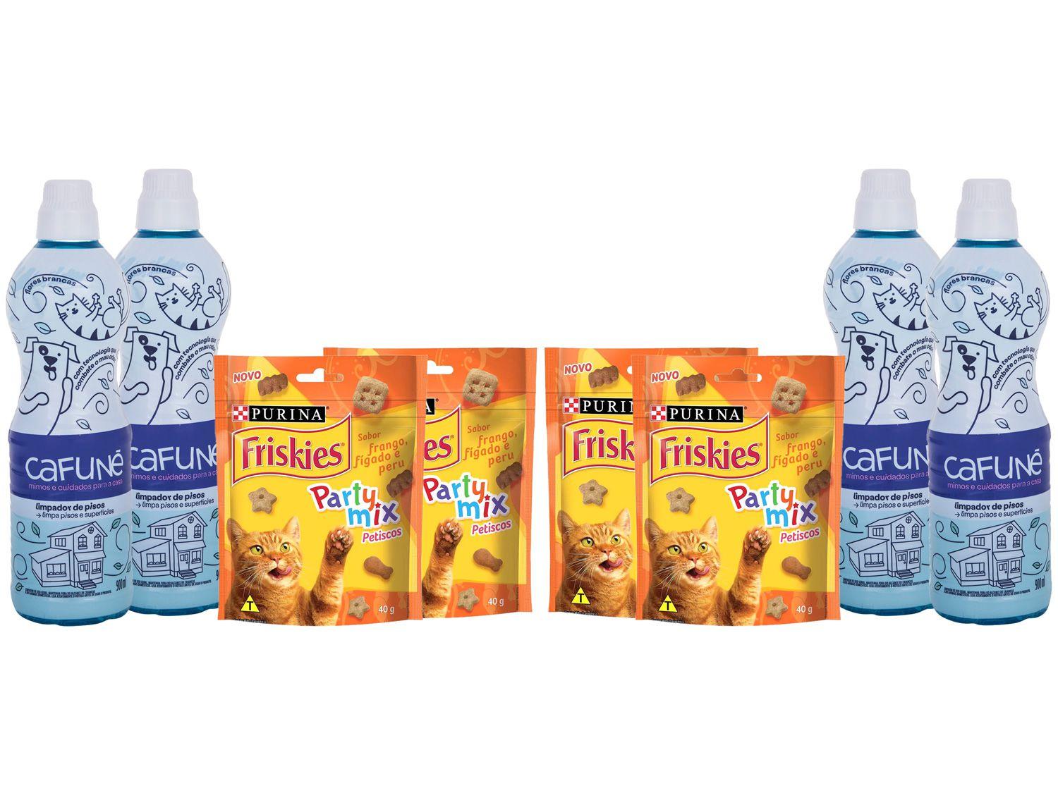 Kit Petisco de Gato Party Mix Friskies 40g - 4 Unidades + Limpa Piso 900ml 4 Unidades Cafuné