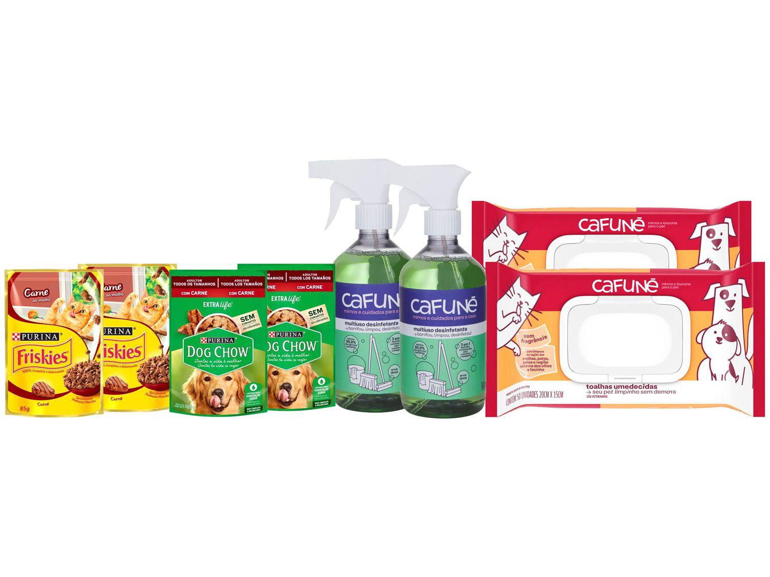 Ração Úmida de Cachorro DogChow + Ração Úmida Gato - Friskies + Lenço Umedecido + Desinfetante Cafuné