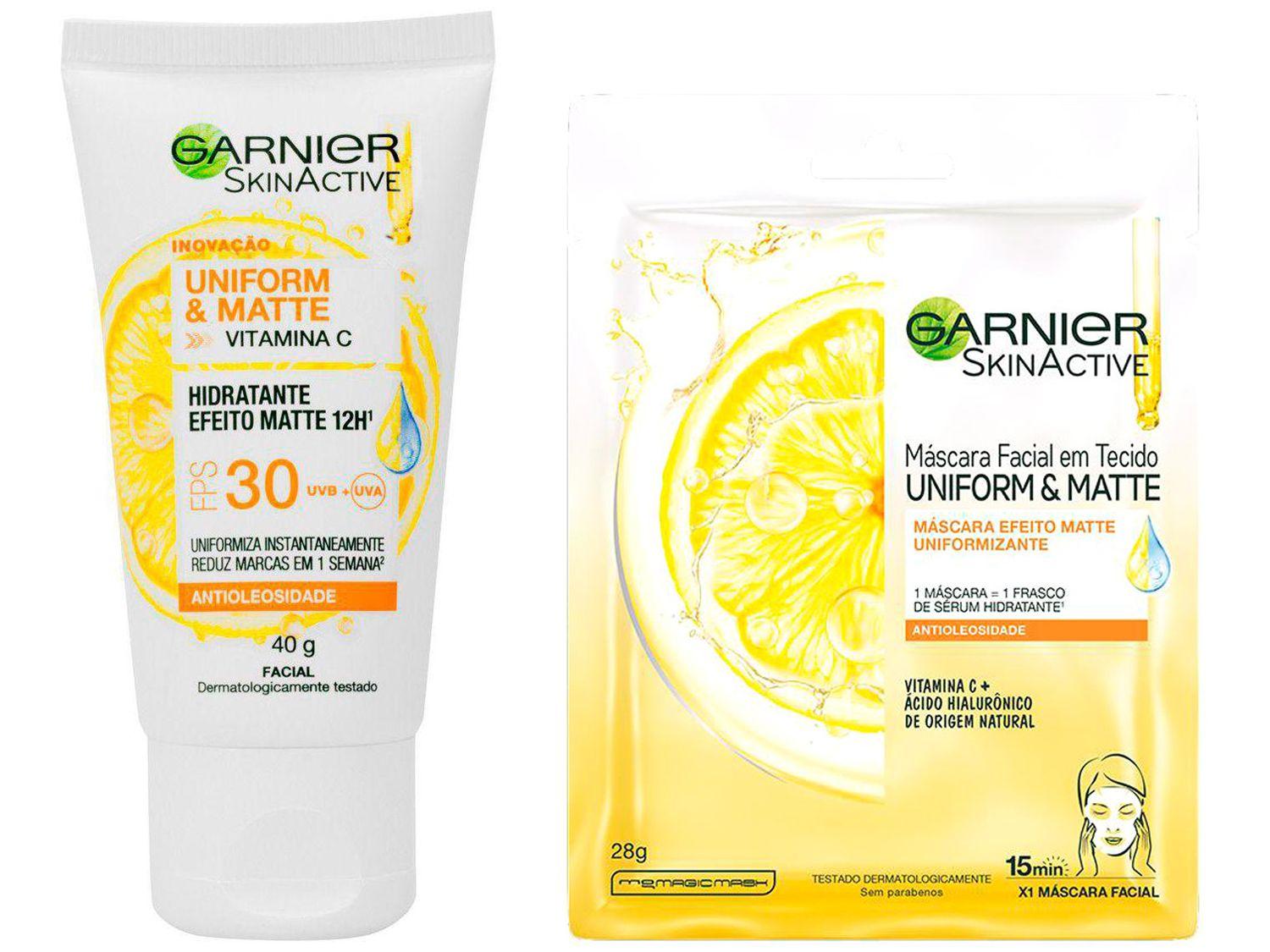Creme Hidratante Facial Garnier Uniform&Matte - Skin Active + Máscara Facial Vitamina C Skin