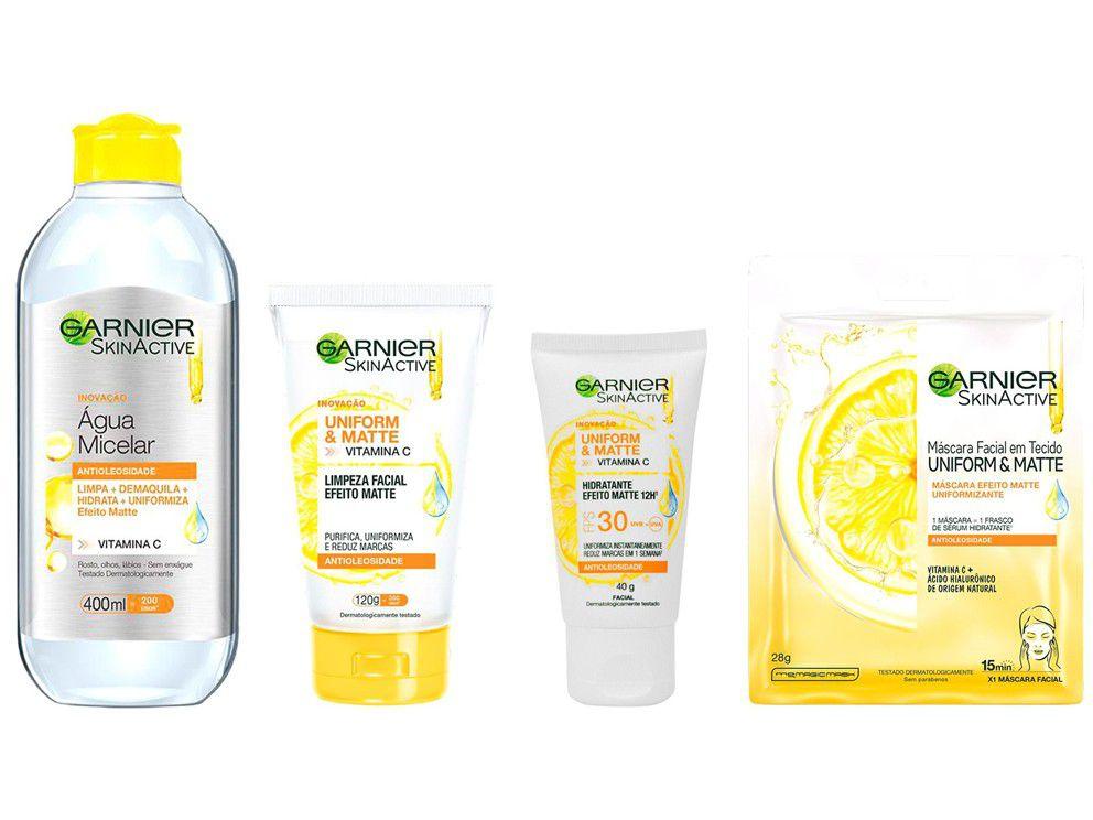 Água Micelar Garnier + Sabonete Facial Skin - Active + Creme Hidratante Facial + Máscara Facial