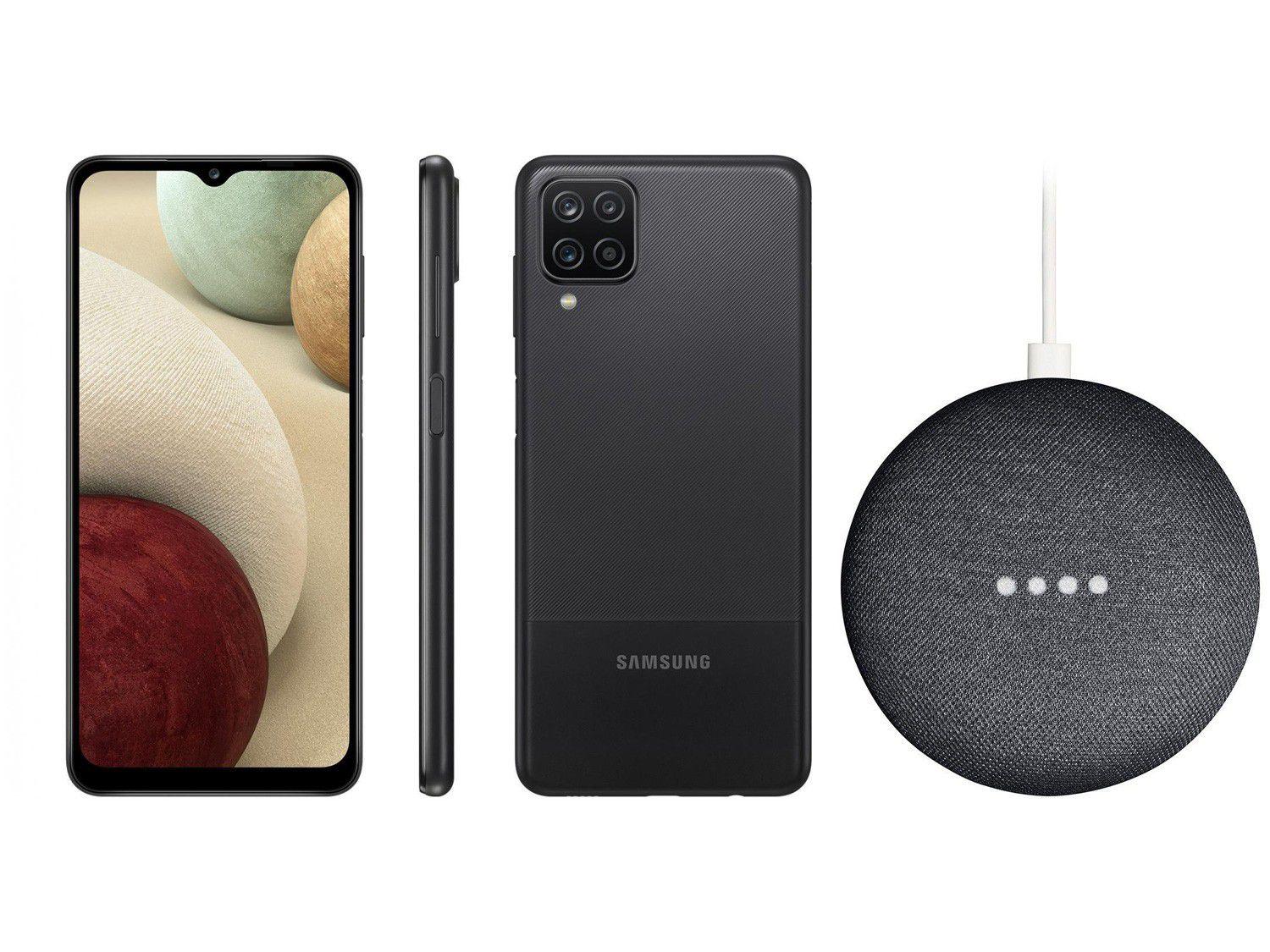 Smartphone Samsung Galaxy A12 64GB Preto 4G - 4GB RAM + Nest Mini 2ª Geração Smart Speaker