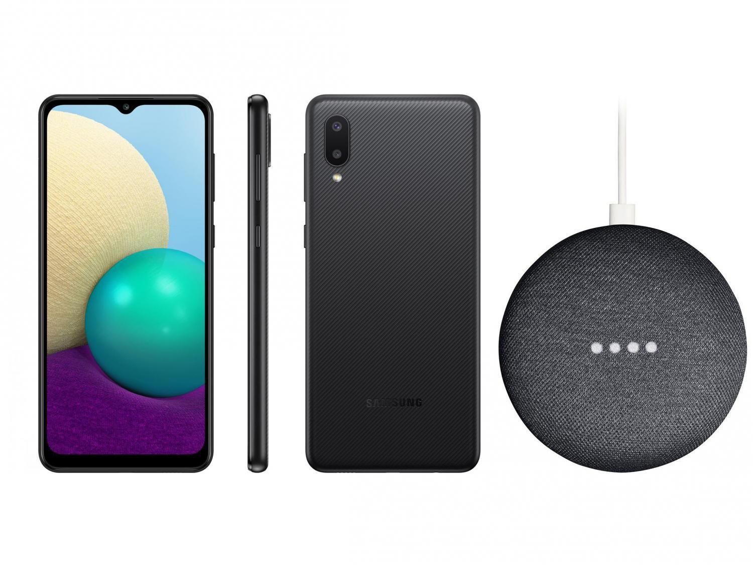 Smartphone Samsung Galaxy A02 32GB Preto 4G - 2GB RAM + Nest Mini 2ª Geração Smart Speaker