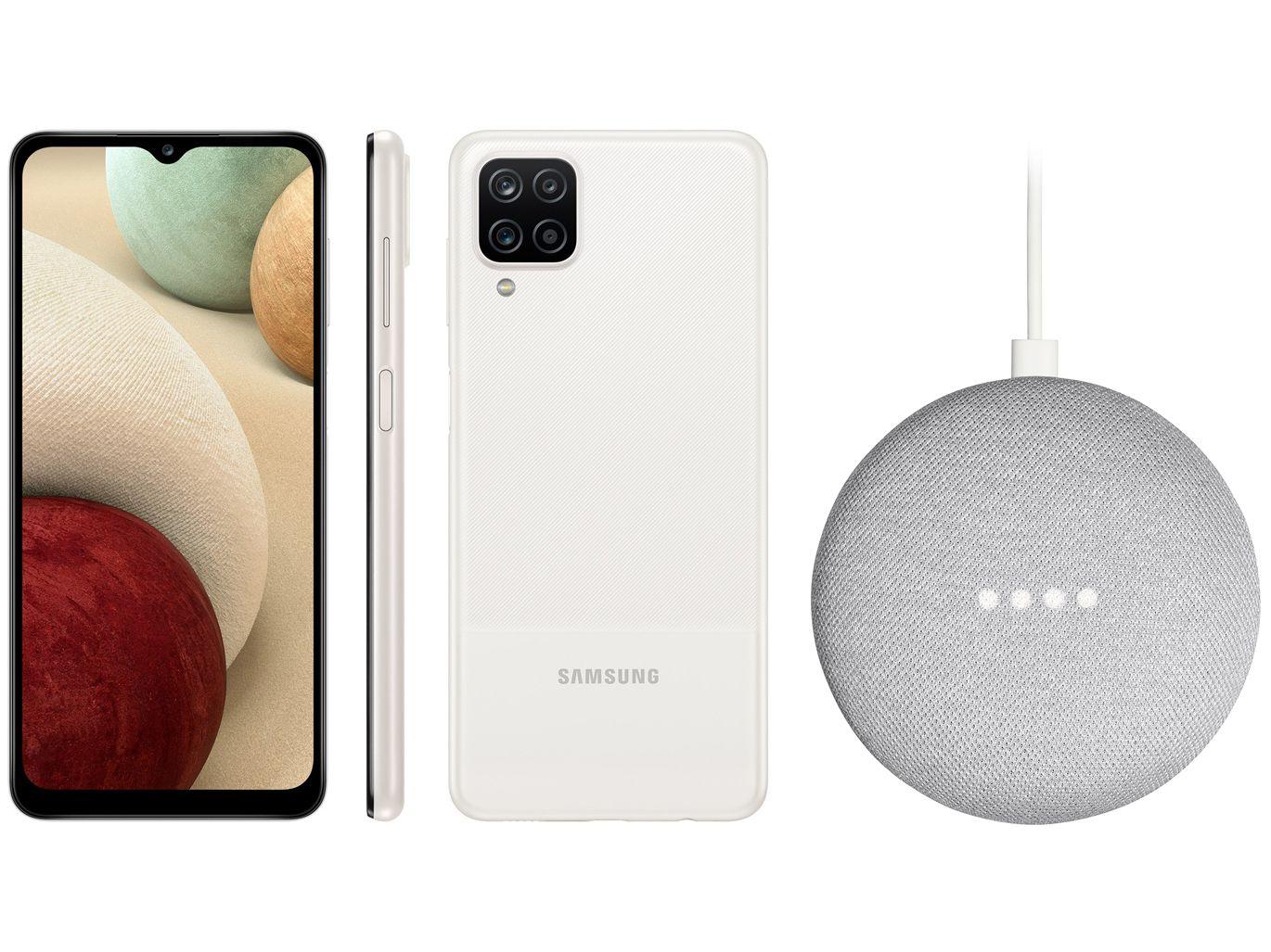 Smartphone Samsung Galaxy A12 64GB Branco 4G - 4GB RAM + Nest Mini 2ª Geração Smart Speaker