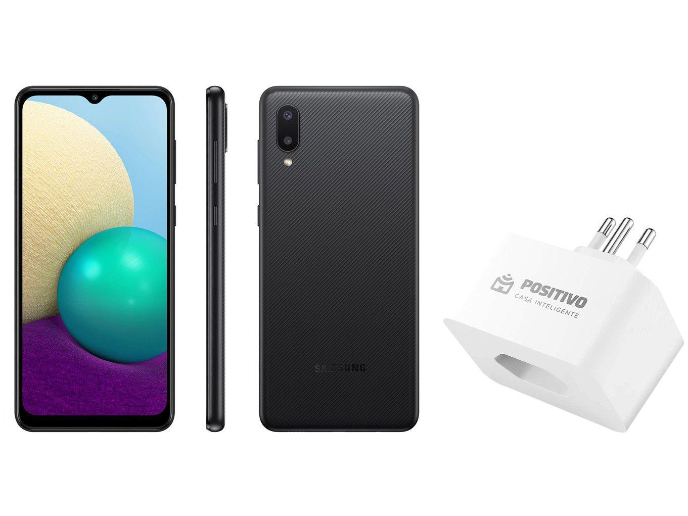 Smartphone Samsung Galaxy A02 32GB Preto 4G - 2GB RAM + Tomada Inteligente 16A Positivo