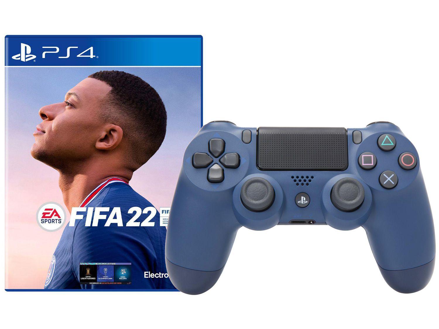 Controle para PS4 e PC sem Fio Dualshock 4 Sony - Midnight Blue + FIFA 22 para PS4 Electronic Arts