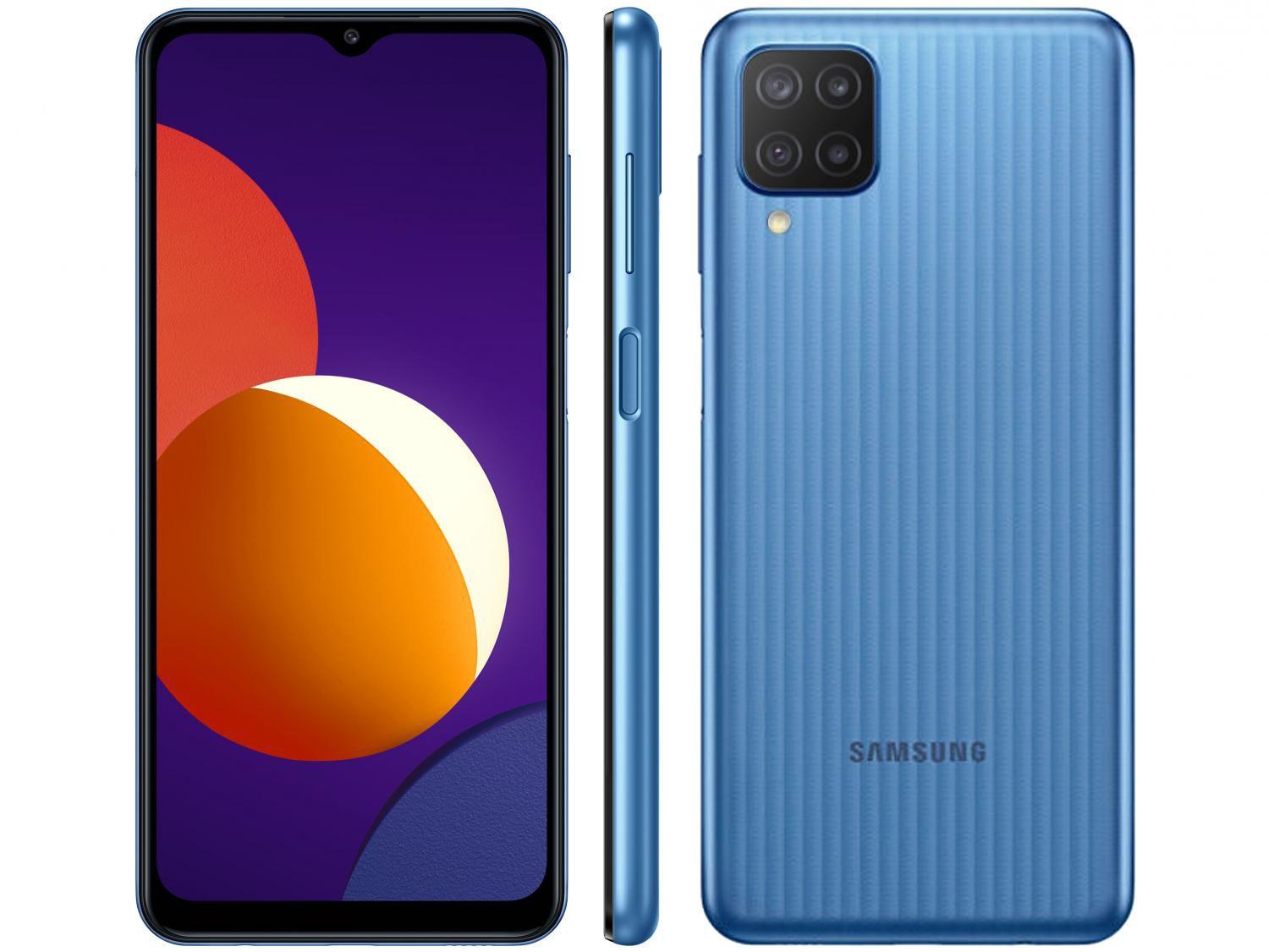 Smartphone Samsung Galaxy M12 64GB Azul 4G - 4GB RAM Tela 6,5&quot; Câm. Quádrupla + Selfie 8MP