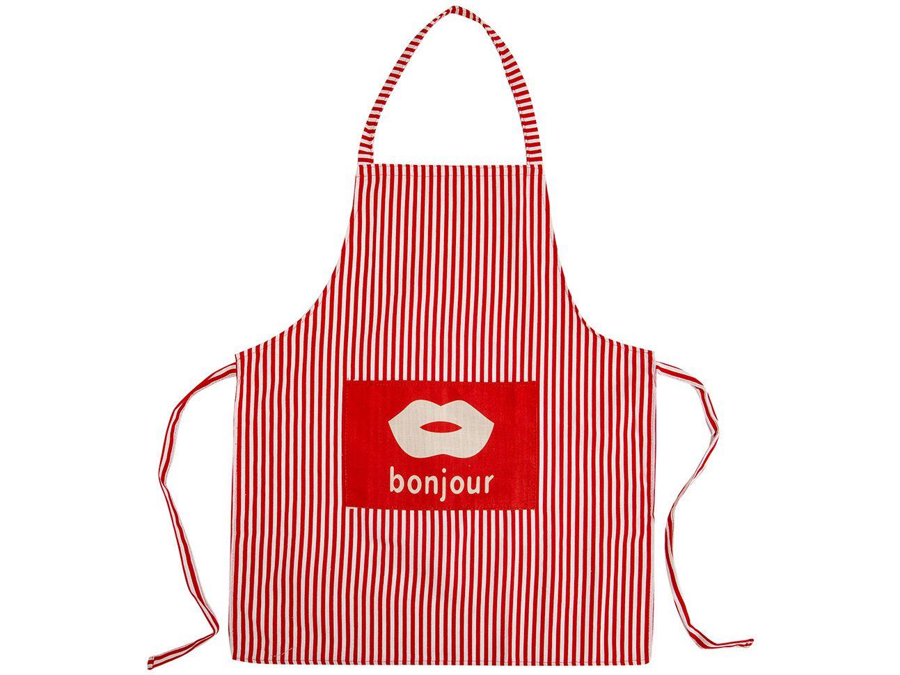 Avental de Cozinha com Bolso Jolitex Ternille - Design Bonjour Listrado Vermelho e Branco