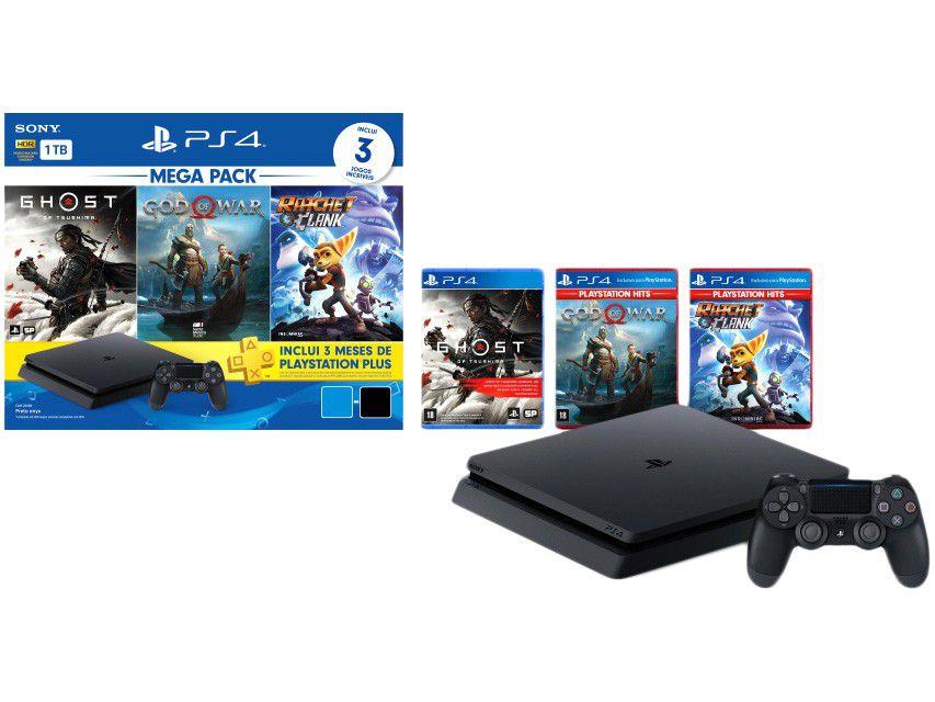 PlayStation 4 Mega Pack V18 2021 1TB 1 Controle - Preto Sony com 3 Jogos na Memória Voucher 3 Meses