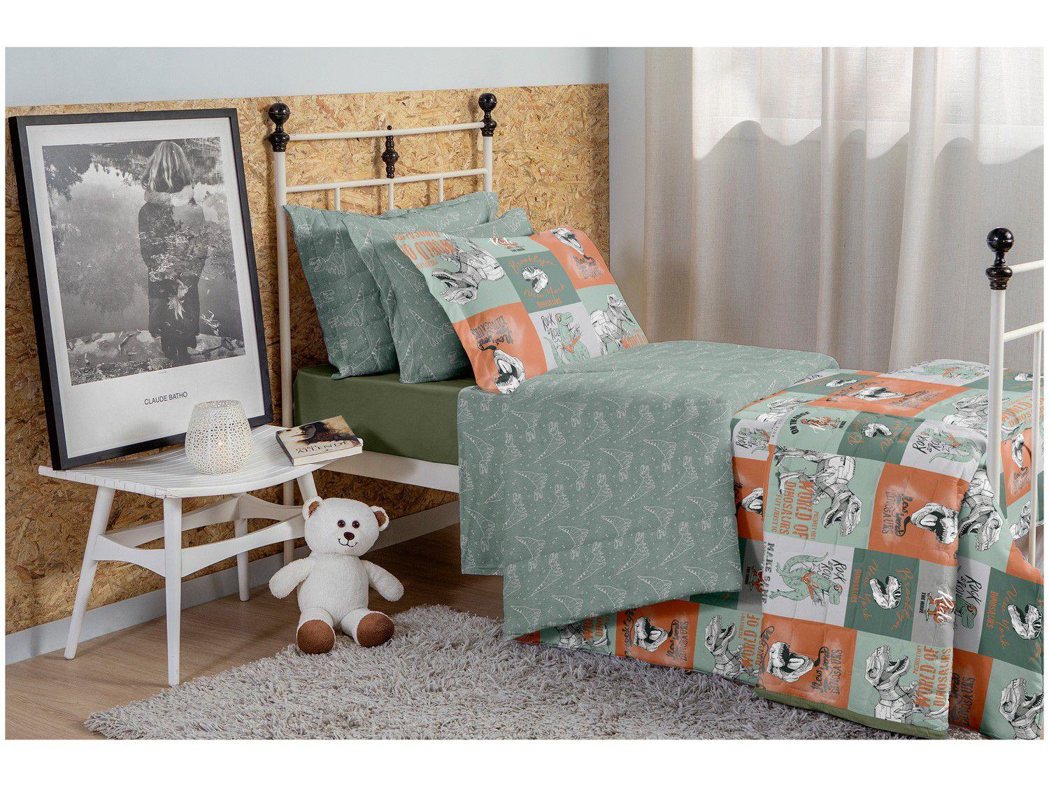 Jogo de Cama Infantil Solteiro Atlântica Malha - 100% Algodão Sofisticata Dinossauro Verde Selva