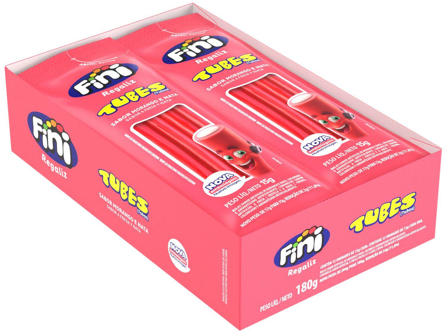 Bala de Gelatina Fini Tubes Morango - Recheio de Nata 15g Pacote 12 Unidades