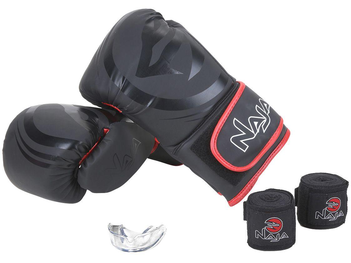 Kit Boxe/Muay Thai Naja Black Preto e Vermelho - 4 Peças 12oz