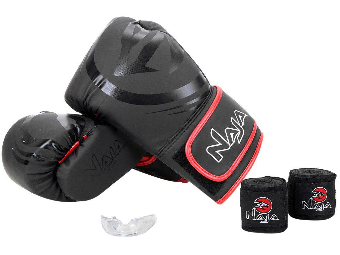 Kit Boxe/Muay Thai Naja Black Preto e Vermelho - 4 Peças 14oz