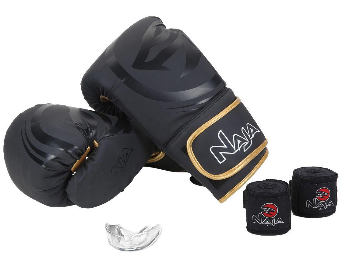 Kit Boxe/Muay Thai Naja Black Preto e Dourado - 4 Peças 14oz