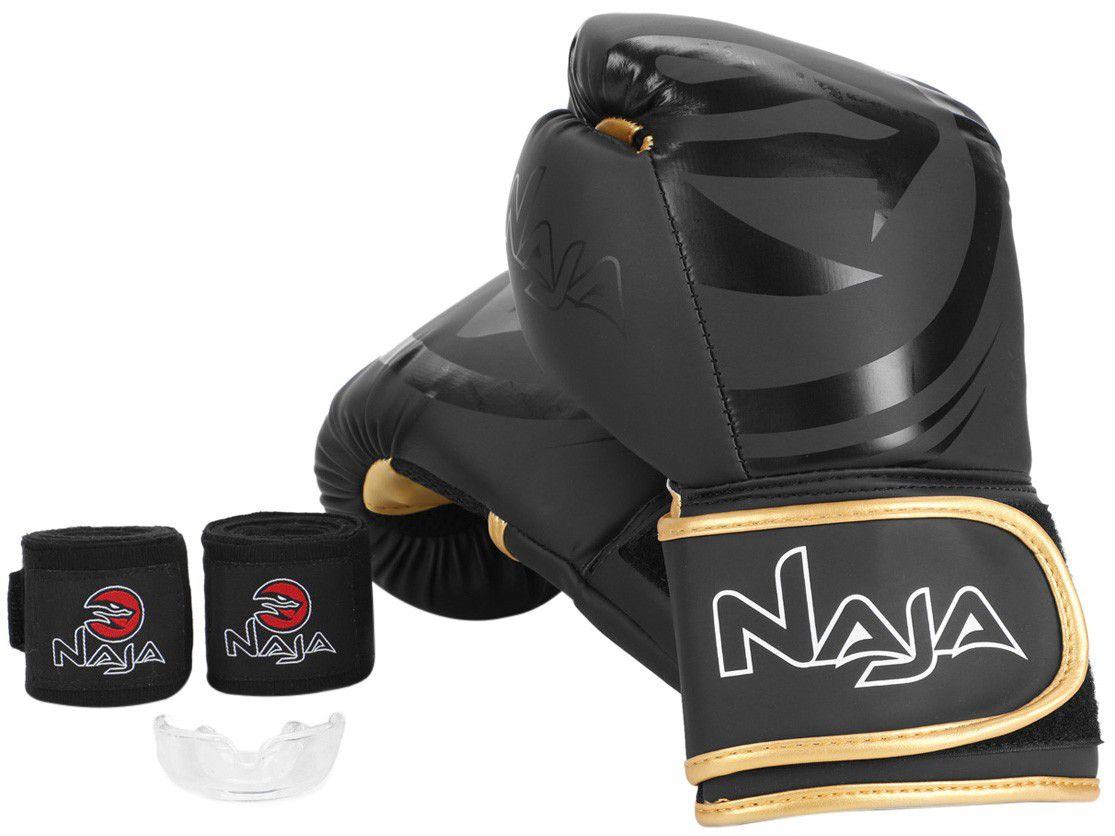 Kit Boxe/Muay Thai Naja Black Preto e Dourado - 4 Peças 16oz
