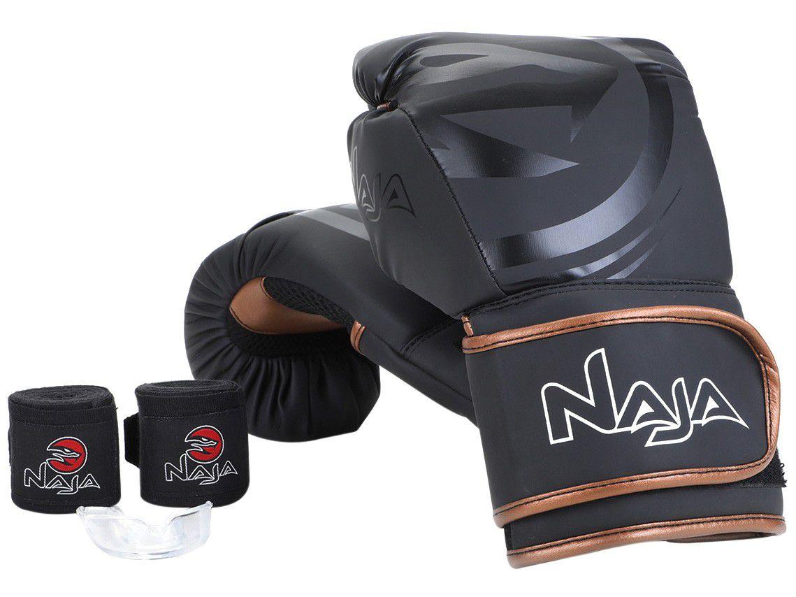 Kit Boxe/Muay Thai Naja Black Preto e Bronze - 4 Peças 14oz