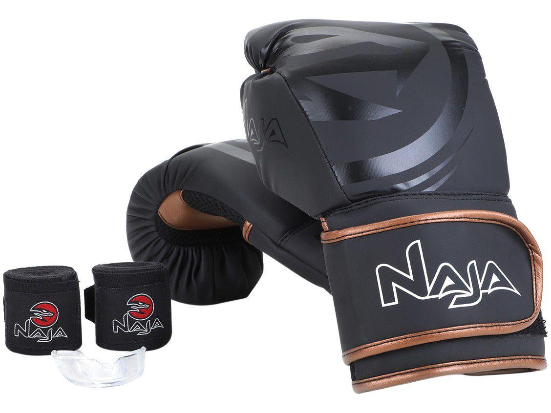 Kit Boxe/Muay Thai Naja Black Preto e Bronze - 4 Peças 16oz