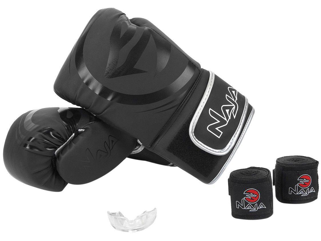 Kit Boxe/Muay Thai Naja Black Preto e Prata - 4 Peças 12oz