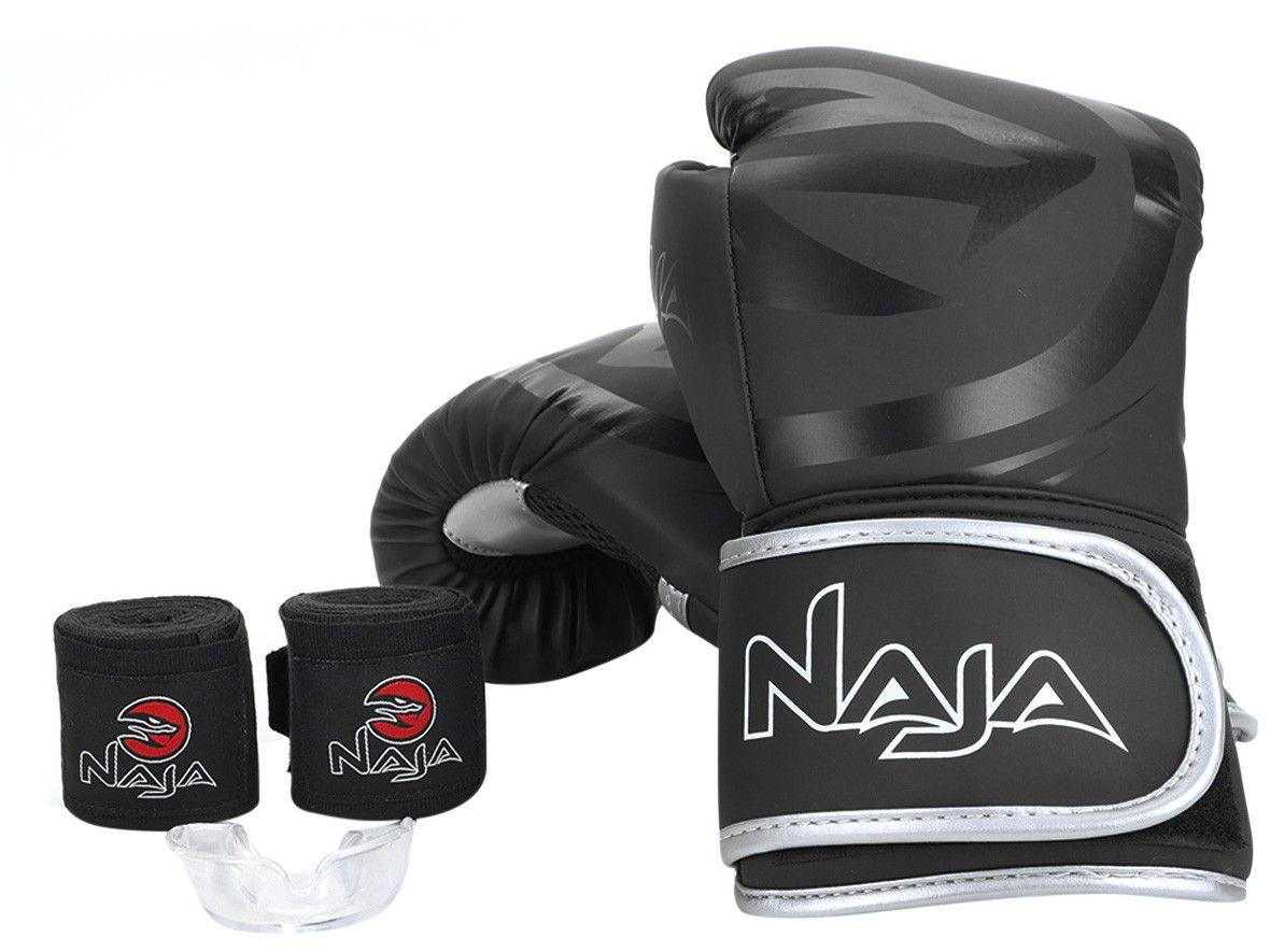 Kit Boxe/Muay Thai Naja Black Preto e Prata - 4 Peças 16oz