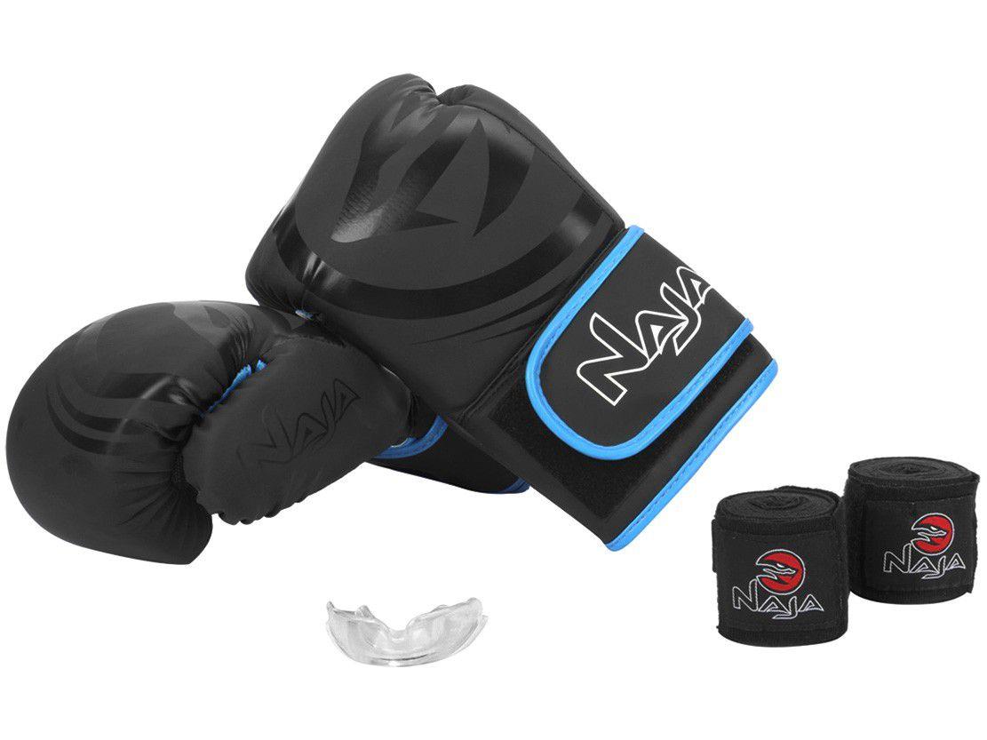 Kit Boxe/Muay Thai Naja Black Preto e Azul - 4 Peças 16oz