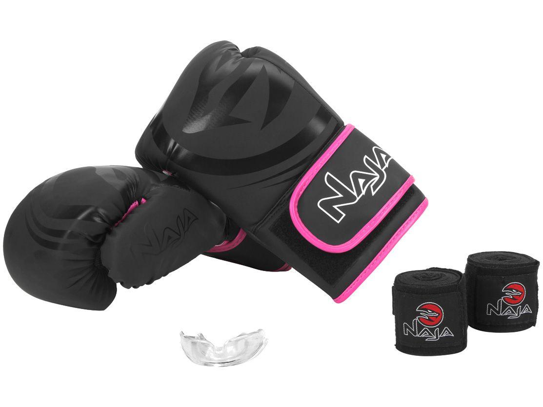 Kit Boxe/Muay Thai Naja Black Preto e Rosa 4 Peças - 10oz