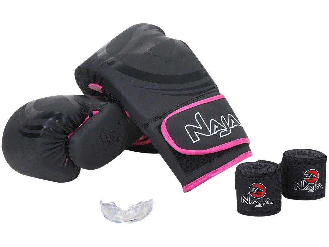 Kit Boxe/Muay Thai Naja Black Preto e Rosa - 4 Peças 12oz