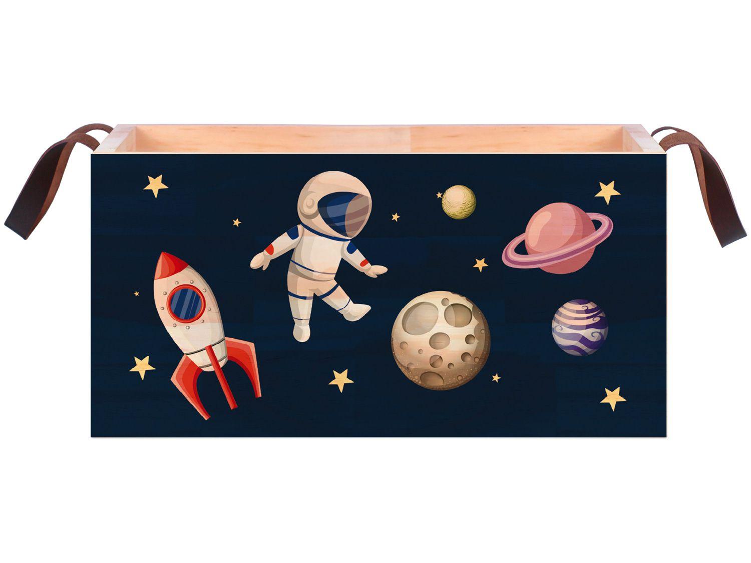 Caixa Organizadora Média de Madeira com Alça - Design Up Living Astronautas Colorido