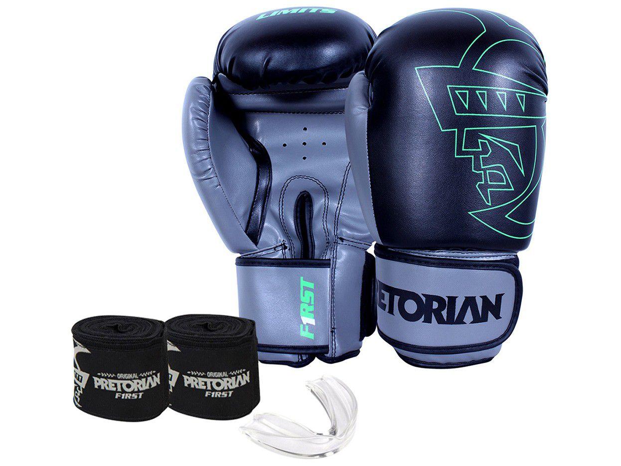 Kit Boxe/Muay Thai Pretorian First Preto e Cinza - 3 Peças 12oz