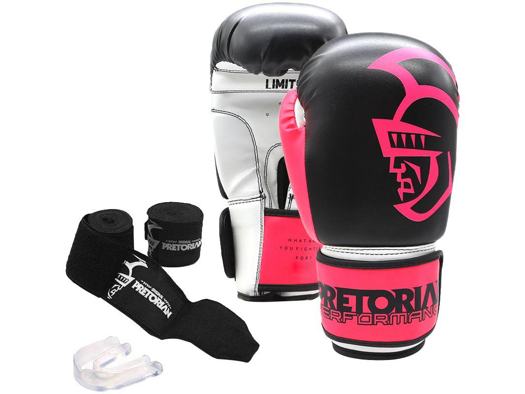 Kit Boxe/Muay Thai Pretorian First Preto e Rosa - 3 Peças 12oz