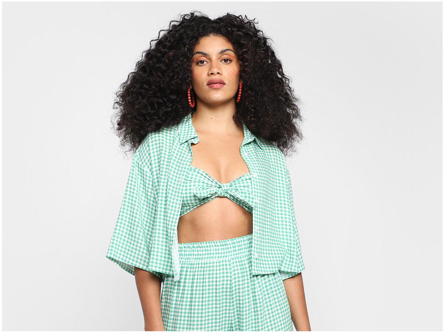 Camisa Cropped Vista Magalu Xadrez Manga Fluida