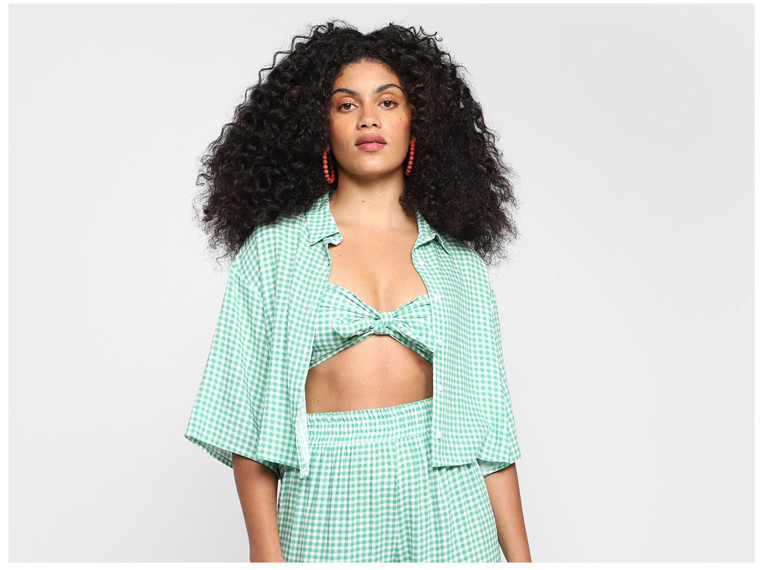 Camisa Cropped Vista Magalu Xadrez Manga Fluida