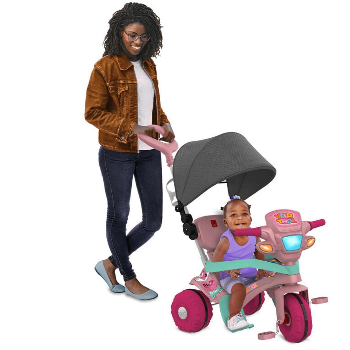 Triciclo Motinha Infantil C/ Capota Rosa Passeio E Pedal Bel