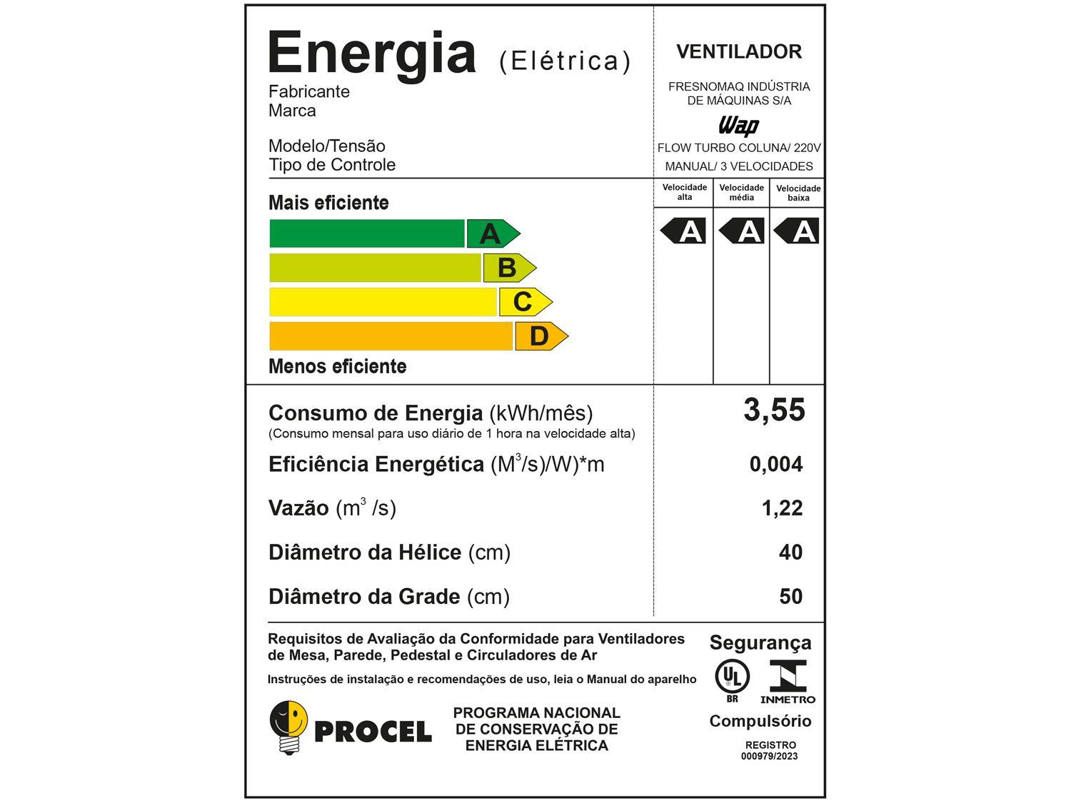 Ventilador Wap Flow Turbo 50cm 8 Pás 3 Velocidades Preto e Cinza