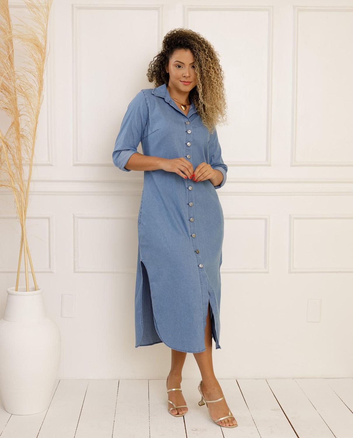 Imagem de Vestido Chemise Jeans com Manga Chamise Camisão Moda Feminina Slim e Plus Size