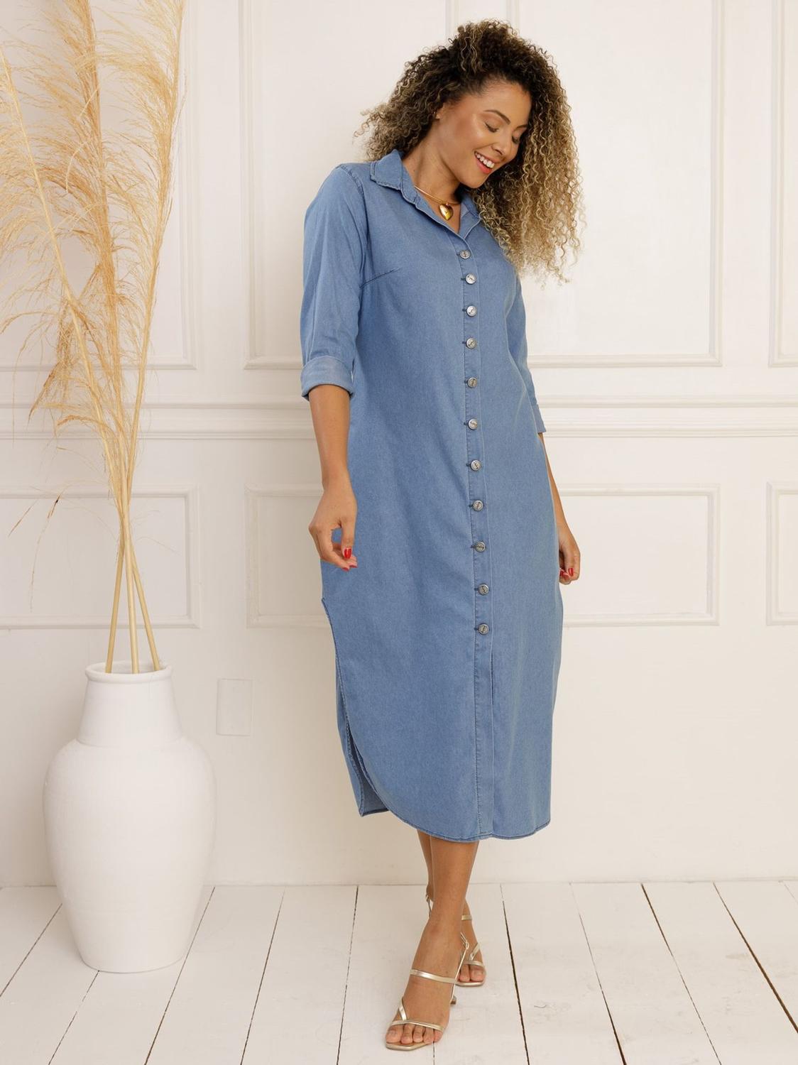 Imagem de Vestido Chemise Jeans com Manga Chamise Camisão Moda Feminina Slim e Plus Size