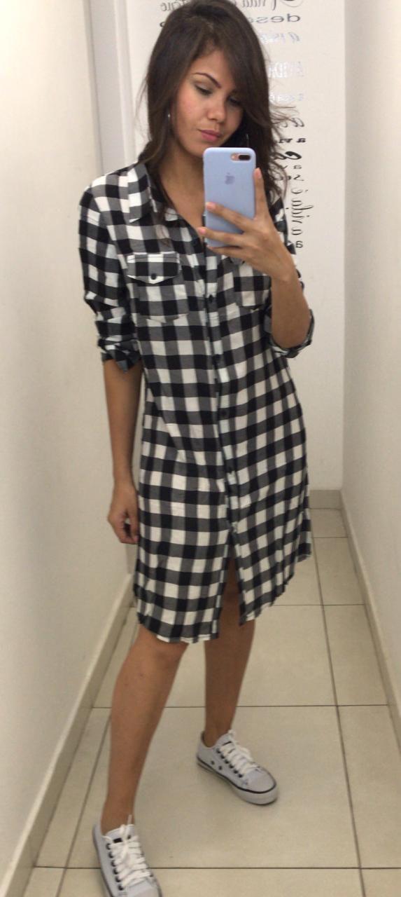 vestido feminina xadrez laço camisão moda chemise