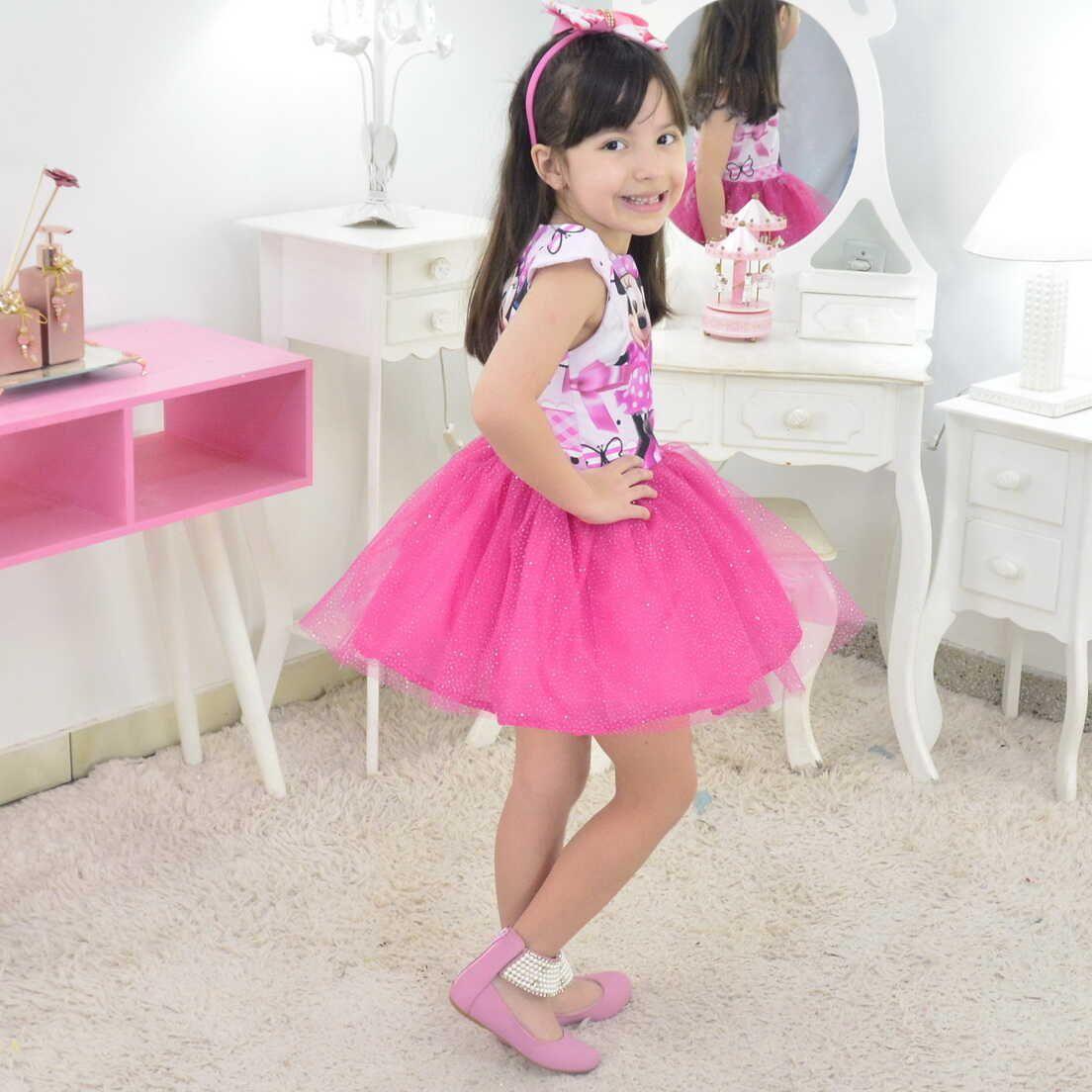 Vestido da Minnie Rosa Saia de Tule(Tutu) Com Glitter Moderna
