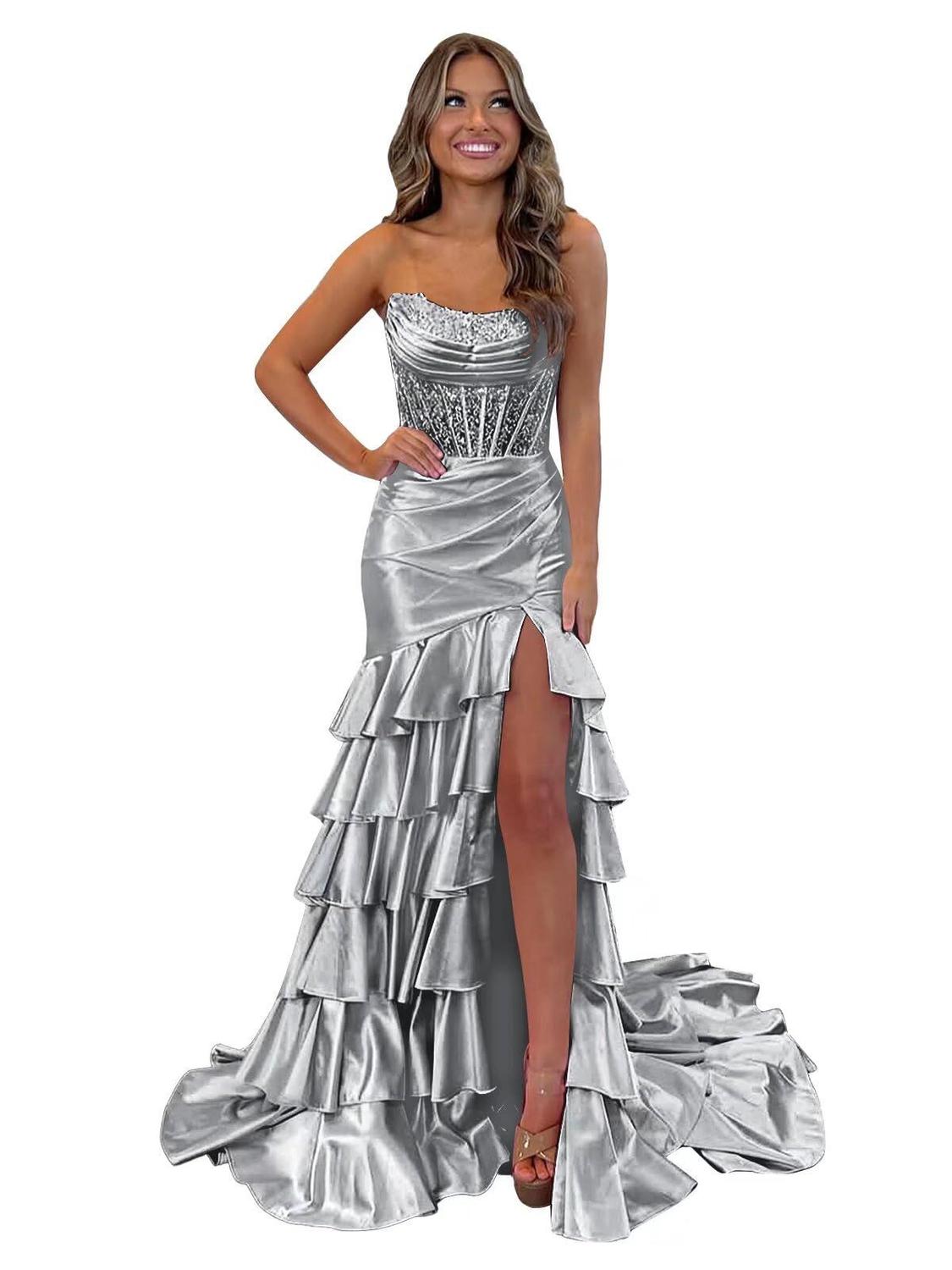 Vestido de baile Mollyevers Corset Plus Size Silver Satin 20W - Technical View