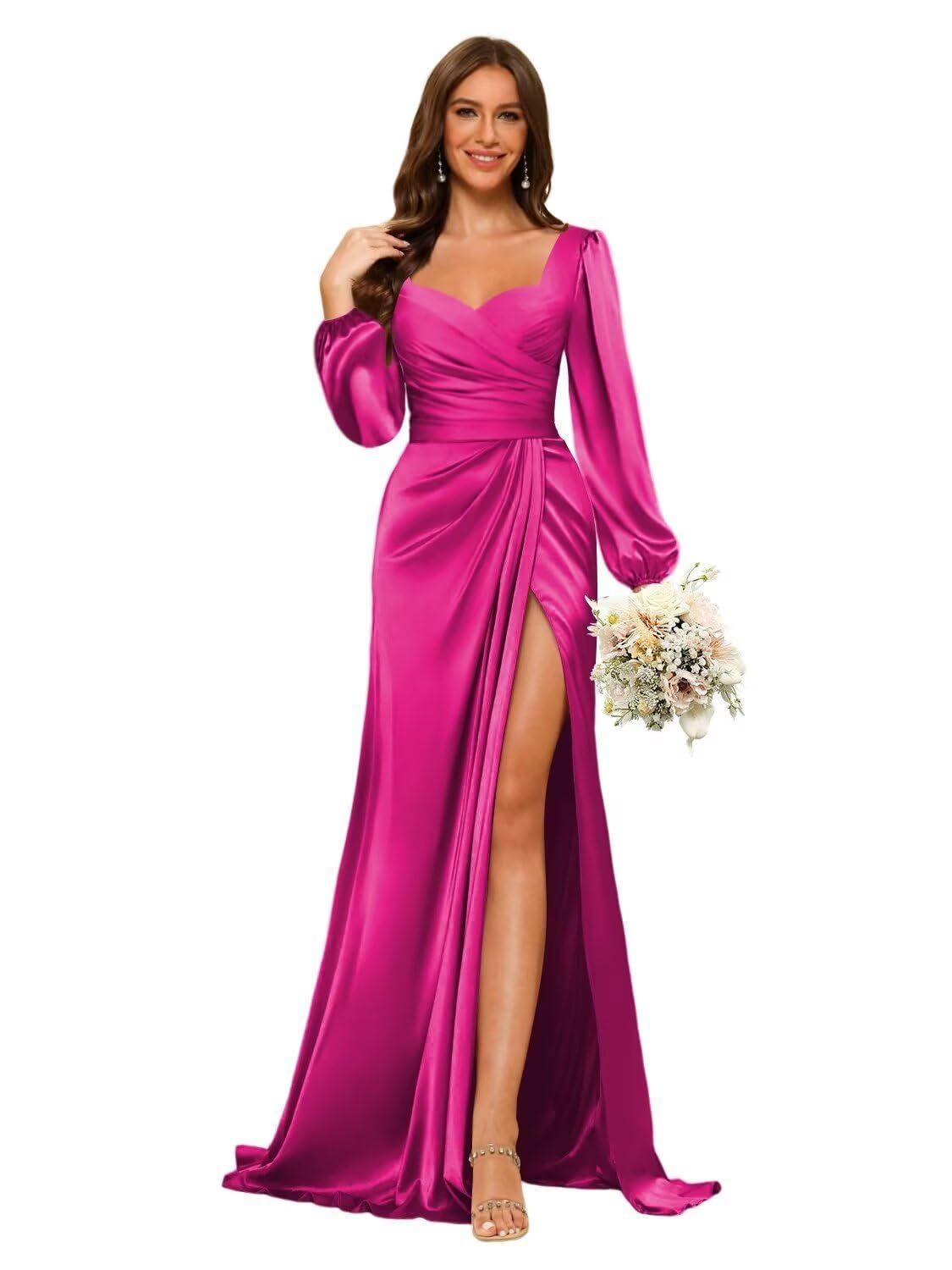 Vestido de Dama de Honra em Cetim Fúcsia Decote V, Manga Longa e