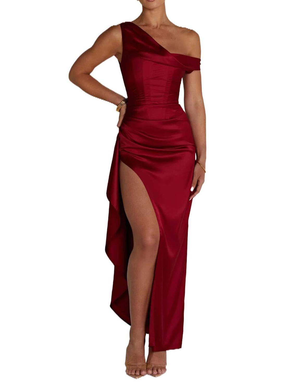 Vinho Vestido De Cetim Longo Vermelho Vestido De Festa Alphirkut